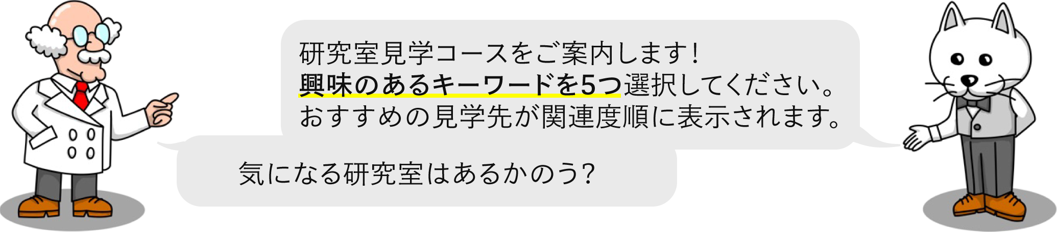 研究室見学コースをご案内します！興味のあるキーワードを5つ選択してください。おすすめの見学先が関連度順に表示されます。